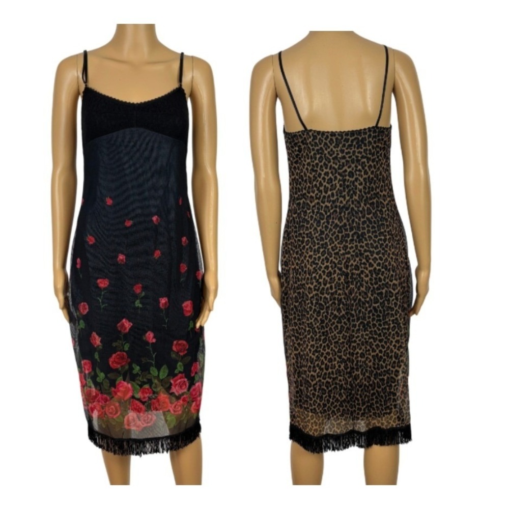 Vintage Rampage y2k Midi Mesh Slip Dress LARGE Black Floral Leopard Fringe Midi